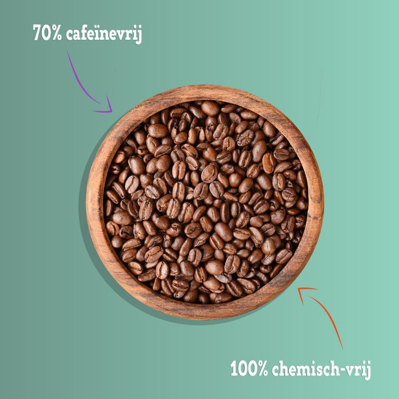 Time to Relax koffiebonen in een houten schaal: 70% cafeïnevrij, 100% chemisch-vrij