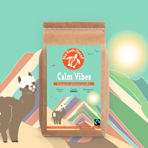 Zak Calm Vibes van No Rush Decaf voor de tekening van het etiket, met de lama ernaast