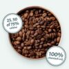 Schaal met koffiebonen van Low Caffeine, met twee stempels: 25, 50 of 75% cafeïne en 100% chemisch-vrij