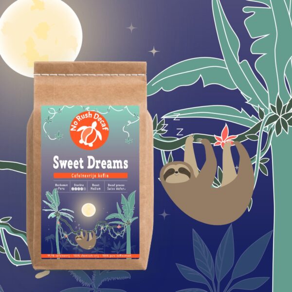 Zak Sweet Dreams van No Rush Decaf voor de tekening van het etiket, met de luiaard ernaast